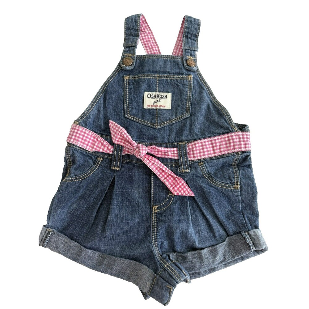 Vintage Y2K Oshkosh Girl Baby 9M Overalls Shortalls Pink Gingham Vestbak Cotton